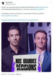 Tweet émission Nos grandes décisions avec Jérémy Ferrari et Hugo Clément